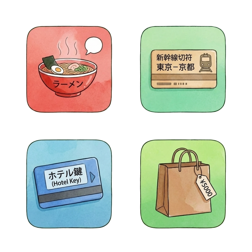 Travel moments — ramen, train, hotel, shopping